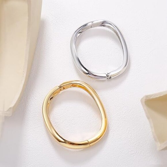 Gold Plated Cuff Bangle Bracelets Set Chunky Hinged Minimalist Jewelry - Picture 6 of 7